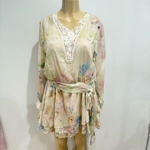 Zara Chiffon Floral Mini Dress Sz L Lace Vintage Long Sleeves